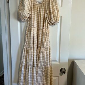Carly Jean Los Angeles Checkered Maxi Dress in Cream and Tan